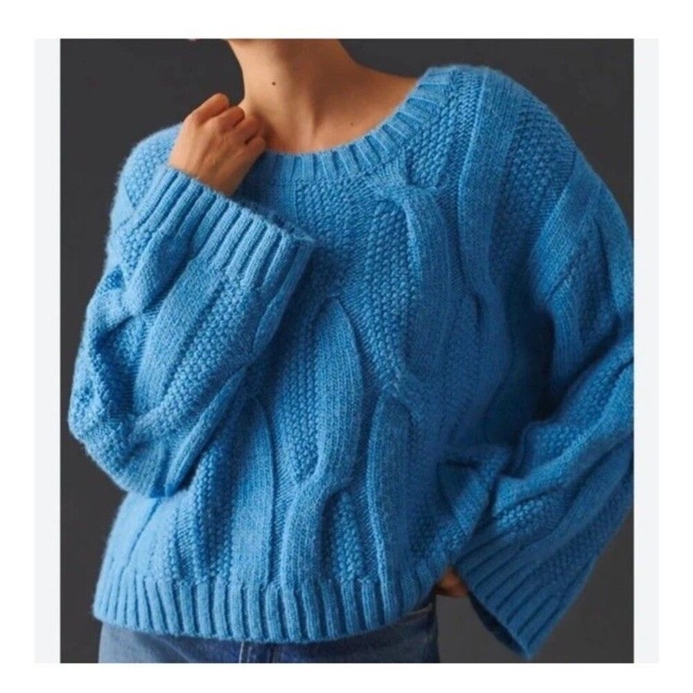 Maeve Anthropologie Blue Chunky Cable Knit Oversized Sweater Large Sleeves XS